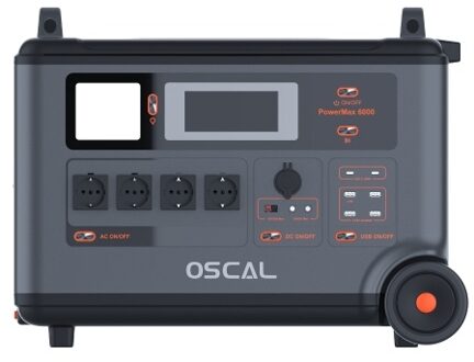 Oscal PowerMax 6000 6000W Rugged Power Station 3600Wh to 57600Wh LiFePO4 Battery 14 Outlets 120V/240V Dual Voltage Output 3500+ Life Circle Smart APP Control 5 LED Light Modes Morse Code Signal Splash and Dust-proof Power Station