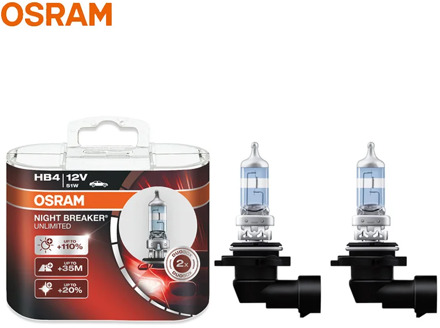 OSRAM Night Breaker Unlimited 9006 HB4 NBU Halogen 12V 51W P22d +110% Bright White Car Original Headlight Bulbs Fog Lamps, 2pcs