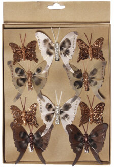 Othmar decorations 10x stuks decoratie vlinders op clip bruin tinten diverse maten