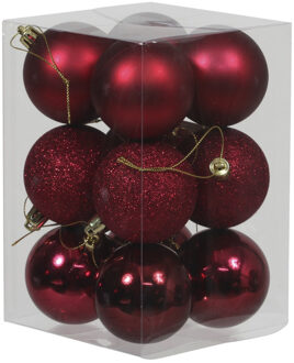 Othmar decorations 12x Donkerrode kunststof kerstballen 6 cm glans/mat/glitter - Kerstbal Rood