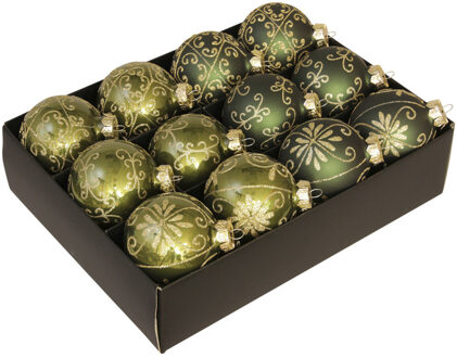 Othmar decorations 12x Glazen gedecoreerde donkergroen met gouden kerstballen 7,5 cm - Kerstbal