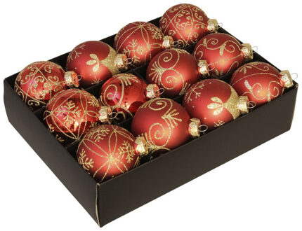 Othmar decorations 12x Glazen gedecoreerde rode kerstballen 7,5 cm - Kerstbal Rood