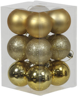 Othmar decorations 12x Gouden kunststof kerstballen 6 cm glans/mat/glitter - Kerstbal Goudkleurig