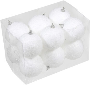 Othmar decorations 12x Kleine kunststof kerstballen met sneeuw effect wit 7 cm