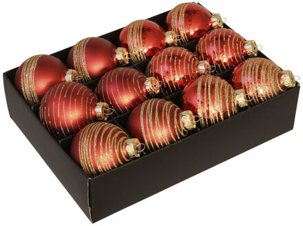 Othmar decorations 12x Luxe glazen gedecoreerde rode kerstballen met streep 7,5 cm - Kerstbal Paars