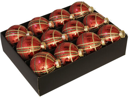 Othmar decorations 12x Luxe glazen gedecoreerde ruitjes kerstballen rood 7,5 cm