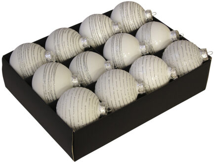 Othmar decorations 12x Luxe glazen gedecoreerde witte kerstballen met streep 7,5 cm - Kerstbal