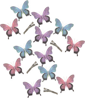 Othmar decorations 12x stuks decoratie vlinders op clip - paars/blauw/roze - 12 cm