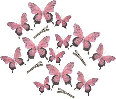 Othmar decorations 12x stuks decoratie vlinders op clip - roze - 3 formaten - 12/16/20 cm - Hobbydecoratieobject