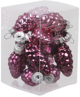 Othmar decorations 12x stuks glazen dennenappels kersthangers cherry roze 6 cm mat/glans Donkerroze