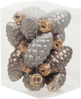 Othmar decorations 12x stuks glazen dennenappels kersthangers eucalyptus grijs/bruin 6 cm mat/glans