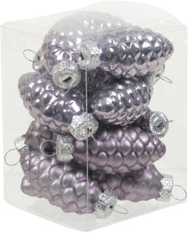 Othmar decorations 12x stuks glazen dennenappels kersthangers lila paars 6 cm mat/glans