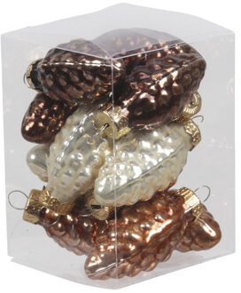 Othmar decorations 12x stuks glazen dennenappels kersthangers natuurtinten (opal natural) 6 cm mat/glans Donkerbruin