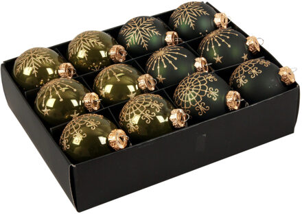 Othmar decorations 12x stuks luxe glazen gedecoreerde kerstballen donkergroen 7,5 cm - Kerstbal