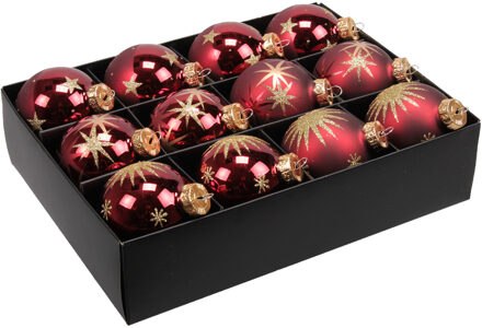 Othmar decorations 12x stuks luxe glazen gedecoreerde kerstballen donkerrood 7,5 cm - Kerstbal