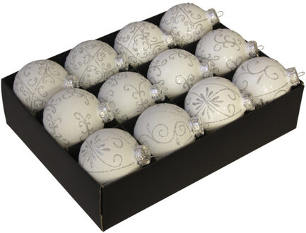 Othmar decorations 12x stuks luxe glazen gedecoreerde kerstballen wit 7,5 cm - Kerstbal