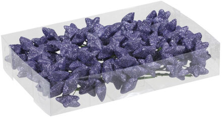 Othmar decorations 18x Bundeltjes van 8x paarse glitter mini sterretjes stekers/instekers 4 cm