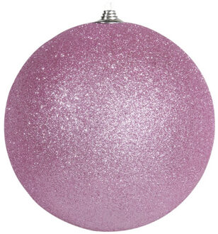 Othmar decorations 1x Roze grote kerstballen met glitter kunststof 13,5 cm - Kerstbal