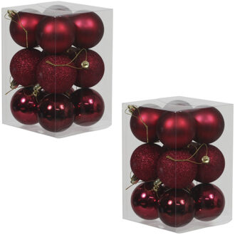 Othmar decorations 24x Donkerrode kunststof kerstballen 6 cm glans/mat/glitter - Kerstbal Rood