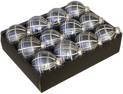 Othmar decorations 24x stuks luxe glazen gedecoreerde kerstballen donkerblauw schotse ruit 7,5 cm