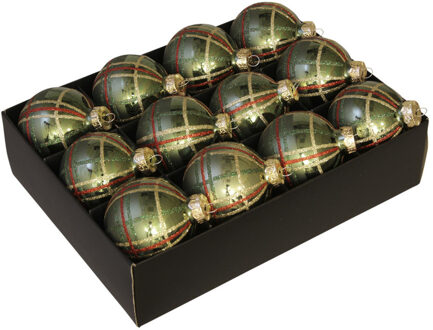 Othmar decorations 24x stuks luxe glazen gedecoreerde kerstballen groen schotse ruit 7,5 cm - Kerstbal