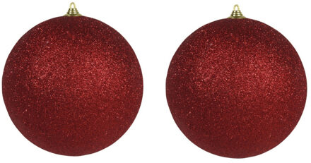 Othmar decorations 2x Rode grote kerstballen met glitter kunststof 18 cm - Kerstbal Rood