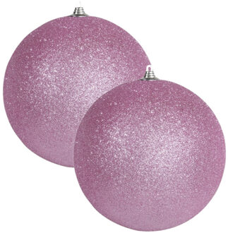 Othmar decorations 2x Roze grote kerstballen met glitter kunststof 13,5 cm