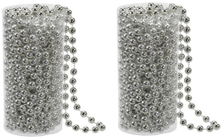 Othmar decorations 2x stuks kerstboom kralenslingers zilver 8 meter kerstslingers