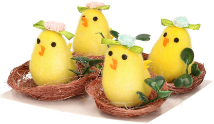 Othmar decorations 4x stuks paaskuikens in mand - bloem hoedje - 4 cm Groen