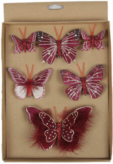 Othmar decorations 6x stuks decoratie vlinders op clip donkerrood 5, 8 en 12 cm