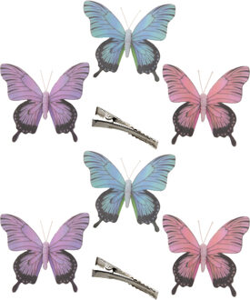 Othmar decorations 6x stuks decoratie vlinders op clip - paars/blauw/roze - 12 cm
