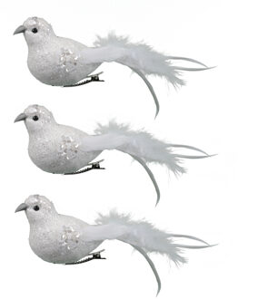 Othmar decorations 6x stuks decoratie vogels op clip glitter wit 18 cm - Kersthangers