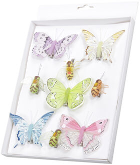 Othmar decorations 9x stuks decoratie vlinders/bijen op clip gekleurd 5 tot 8 cm Multi