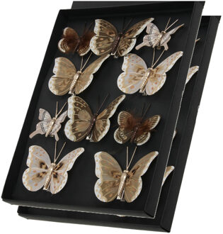 Othmar decorations Decoratie vlinders op clip - 10x st - creme/bruin - 5-8 cm - kunststof