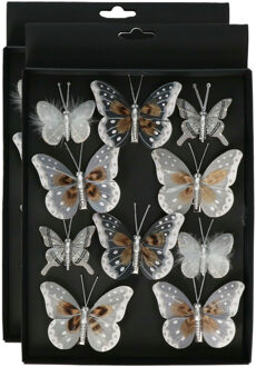 Othmar decorations Decoratie vlinders op clip - 10x st - grijs/zilver - 5-8 cm - kunststof