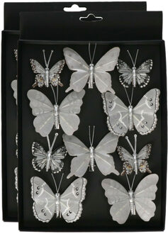 Othmar decorations Decoratie vlinders op clip - 10x st - grijs/zilver - 5-8 cm - kunststof