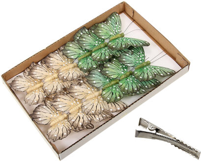 Othmar decorations Decoratie vlinders op clip - 12x - groen met beige - 11 cm