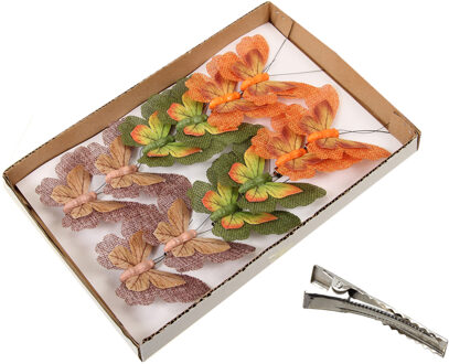 Othmar decorations Decoratie vlinders op clip - 12x - oranje, groen en bruin - 9 cm