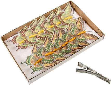 Othmar decorations Decoratie vlinders op clip - 12x stuks - beige en oranje - 9 cm - kunststof