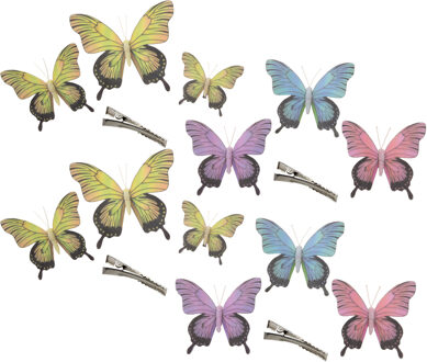 Othmar decorations Decoratie vlinders op clip 12x stuks - geel/paars/blauw/roze