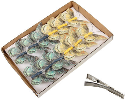 Othmar decorations Decoratie vlinders op clip - 12x stuks - groen en goud - 9 cm - kunststof Goudkleurig