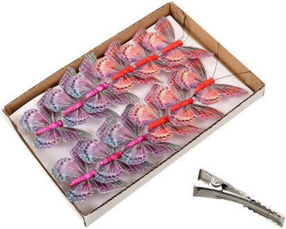 Othmar decorations Decoratie vlinders op clip - 12x stuks - rood en paars - 9 cm - kunststof