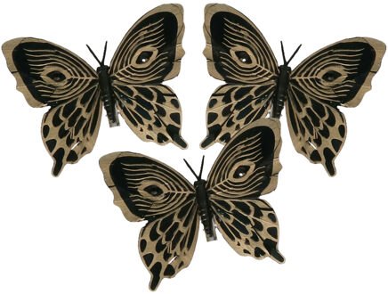 Othmar decorations Decoratie vlinders op clip - 3x st - zwart - 12 cm - kunststof