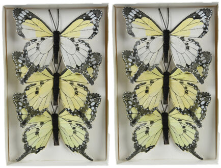 Othmar decorations Decoratie vlinders op clip - 6x - lichtgeel - 12 x 8 cm