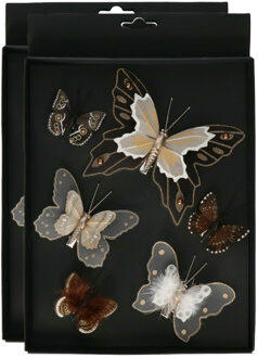 Othmar decorations Decoratie vlinders op clip - 6x st - bruin tinten - 5-8 cm - kunststof