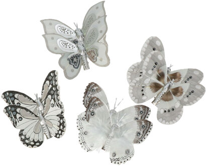 Othmar decorations Decoratie vlinders op clip - 8x st - grijs/zilver - 8 cm - kunststof - kerstboomversiering