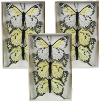 Othmar decorations Decoratie vlinders op clip - 9x - lichtgeel - 12 x 8 cm