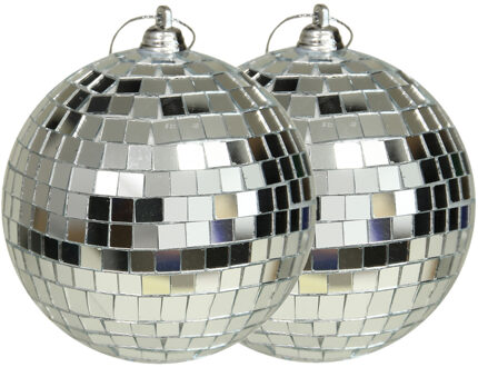 Othmar decorations disco kerstballen - 2x - zilver - 10 cm - kunststof - Kerstbal Zilverkleurig