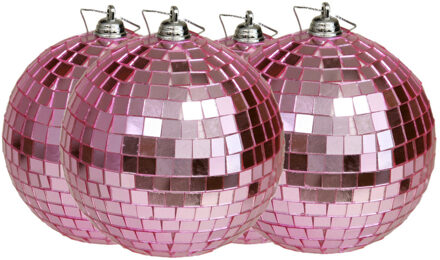 Othmar decorations disco kerstballen - 4x - roze - 10 cm - kunststof - Kerstbal