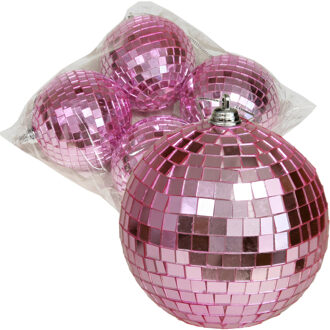 Othmar decorations disco kerstballen - 4x - roze - 8 cm - kunststof - Kerstbal